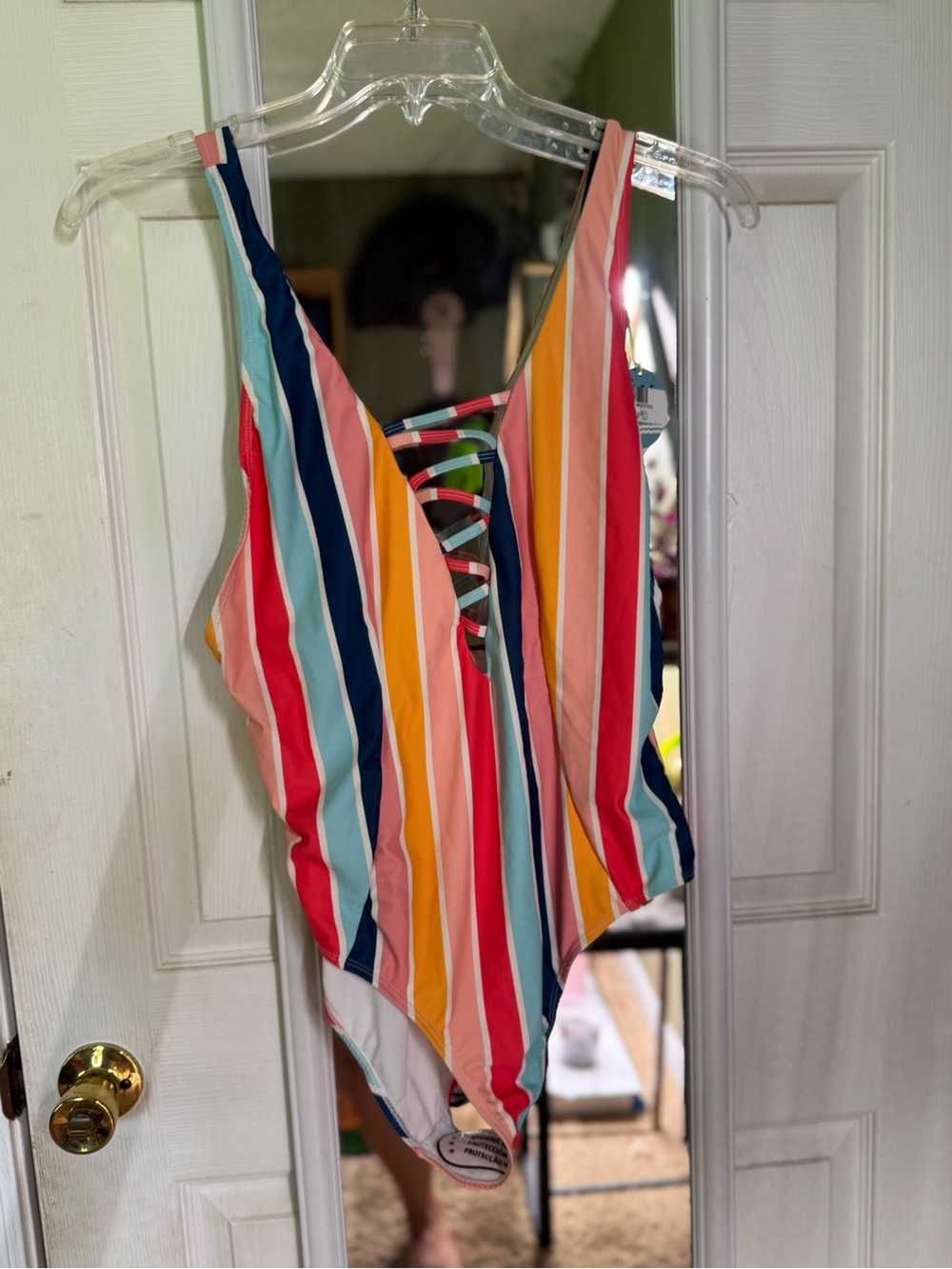 Colorful Vertical Stripe Backless Lace-Up One-Piece Swimsuit NWT